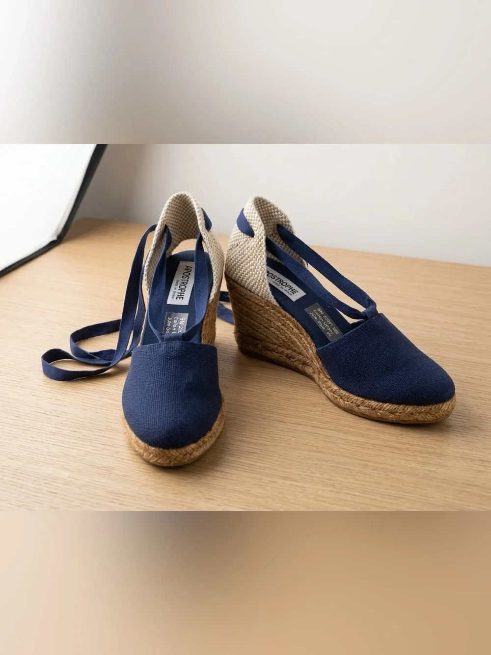Vintage Apostrophe Navy Blue Espadrille Wedges Ankle Tie Canvas Sandals 9M Spain